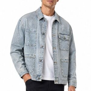 Mens LNDN Landon Denim Jacket Light Wash Utility Chore Coat Medium     053 Bin